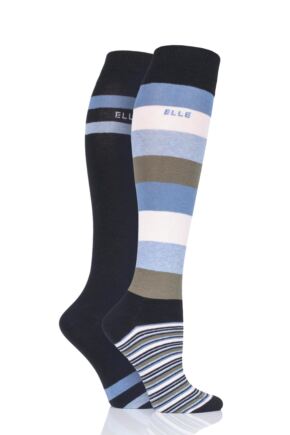 Ladies 2 Pair Elle Striped Cotton Knee High Socks