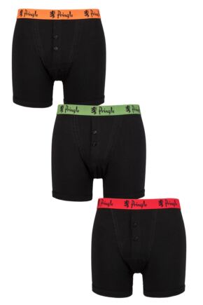 Mens 3 Pack Pringle William Button Front Cotton Boxer Shorts Black Orange / Green / Red XL