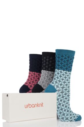 Ladies 3 Pair Urban Knit Diamond Knit Cotton Socks In Gift Box