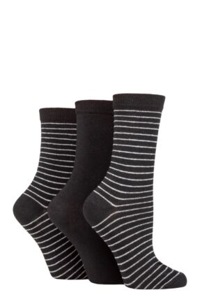 Ladies 3 Pair SOCKSHOP TORE 100% Recycled Fine Stripe Cotton Socks Black 4-8 Ladies