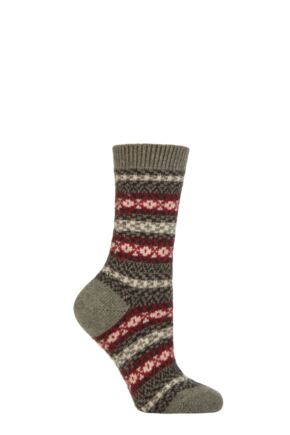 Ladies 1 Pair Pantherella Skye 85% Cashmere Traditional Fair Isle Socks Light Olive 4-7 Ladies