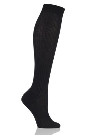 Ladies 1 Pair Pantherella Classic Merino Wool Ribbed Knee High Socks Black 4-7