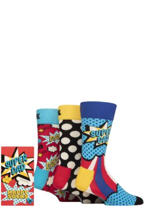 Mens 3 Pair Happy Socks Super Dad Gift Boxed Socks