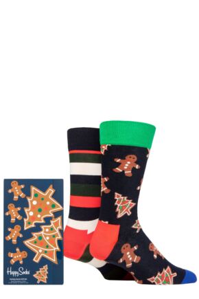 Mens and Women's 2 Pair Happy Socks Gingerbread Cookies Gift Boxed Socks