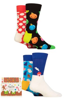 Mens and Ladies 4 Pair Happy Socks Holiday Time Gift Boxed Socks Multi 4-7 Unisex