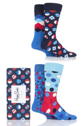 Mens and Ladies 4 Pair Happy Socks Navy and Blue Mix Socks in Gift Box