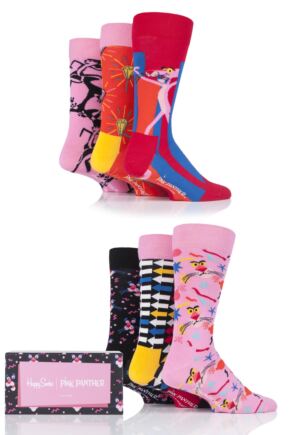 Mens and Ladies 6 Pair Happy Socks Pink Panther Cotton Gift Boxed Socks