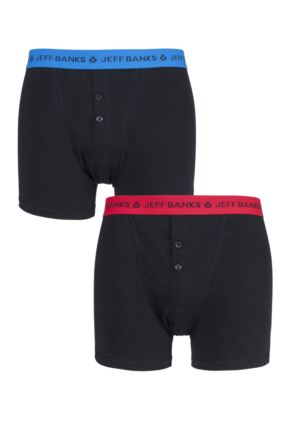 Mens 2 Pack Jeff Banks Plymouth Button Cotton Boxer Shorts Black / Blue / Red S