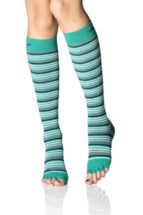 Ladies 1 Pair ToeSox Scrunch Half Toe Organic Cotton Knee High Socks Emerald Stripe 6-8.5