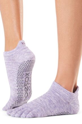 Ladies 1 Pair ToeSox Full Toe Organic Cotton Low Rise Yoga Socks Heather Purple S