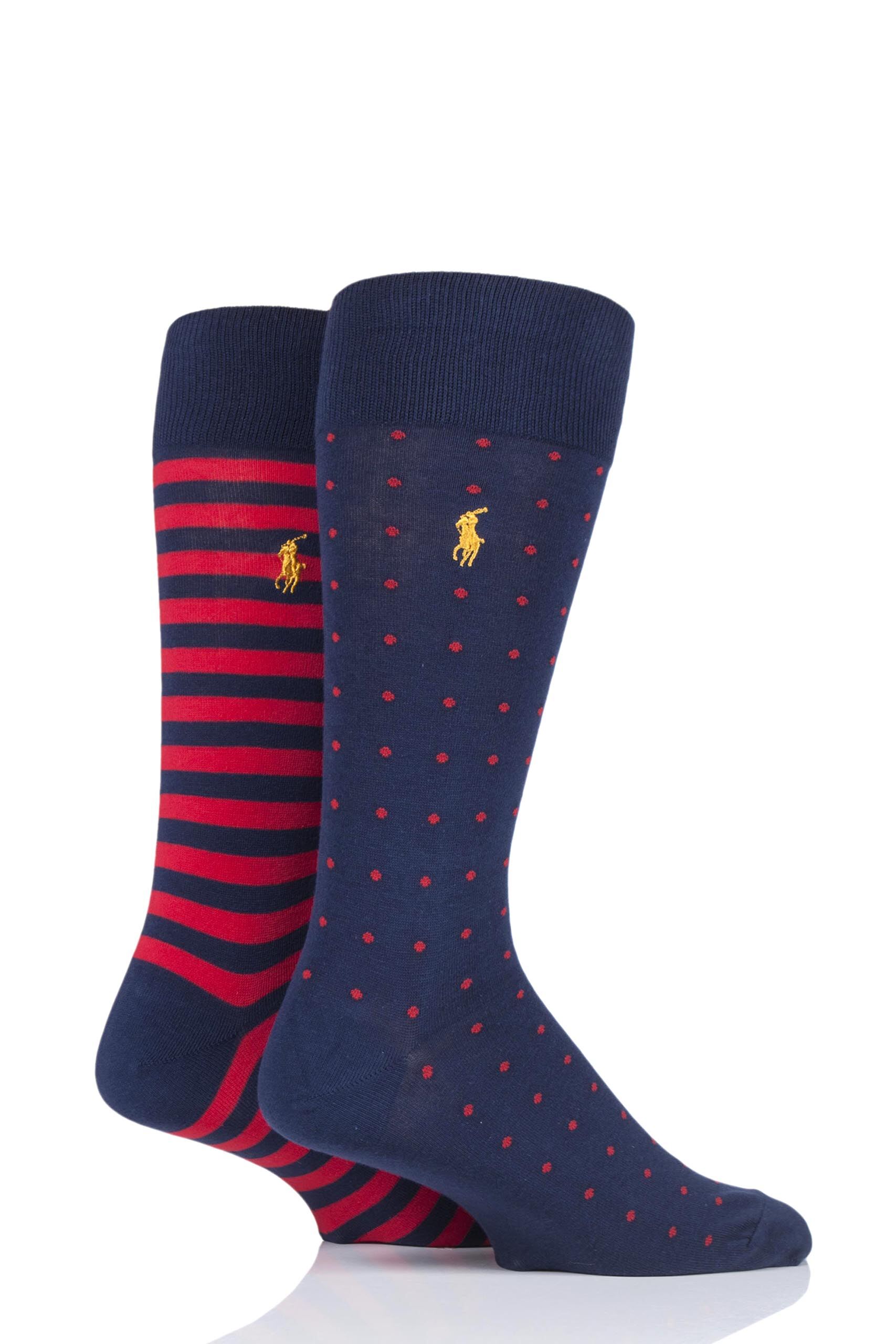 Image of 2 Pair Navy/Red Dot and Stripe Cotton Socks Men's 6-11 Mens - Ralph Lauren