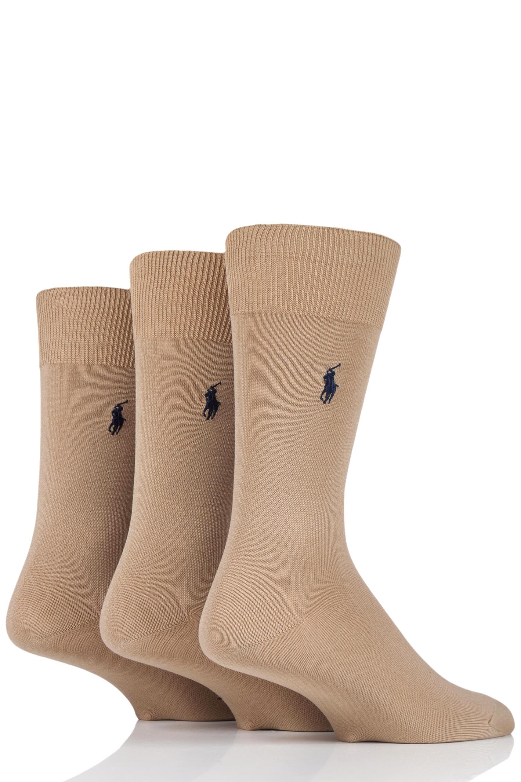 Image of 3 Pair Beige Mercerized Cotton Flat Knit Plain Socks Men's 9-12 Mens - Ralph Lauren