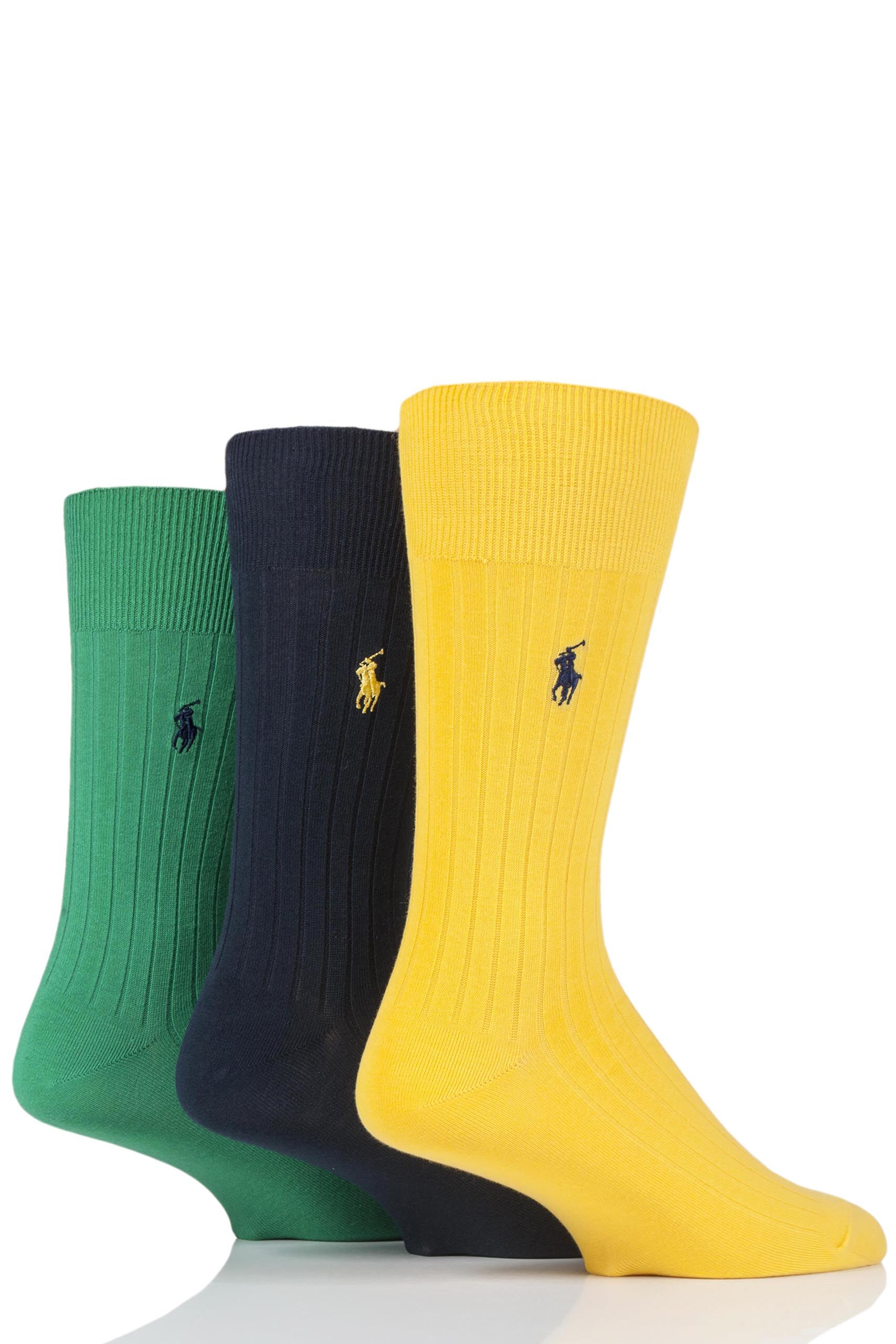 Image of 3 Pair Gold/Green Egyptian Cotton Ribbed Plain Socks Men's 5-8 Mens - Ralph Lauren