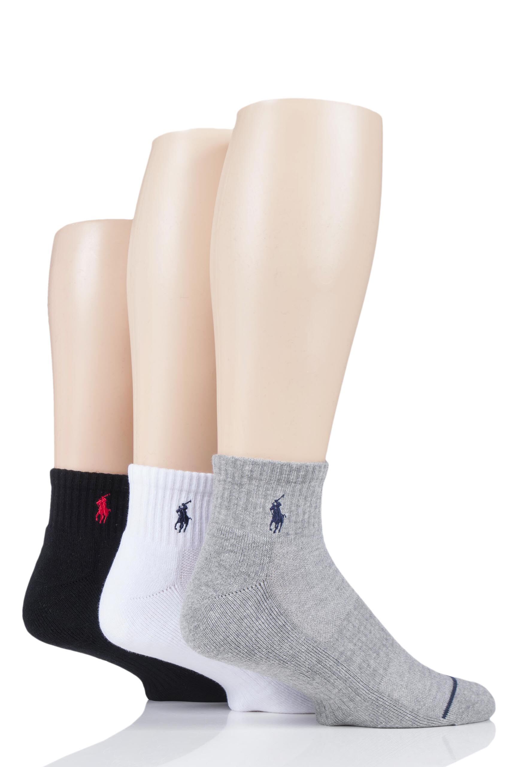 Image of 3 Pair Black / White / Grey Classic Sport Quarter Ankle Socks Men's 6-8 Mens - Ralph Lauren