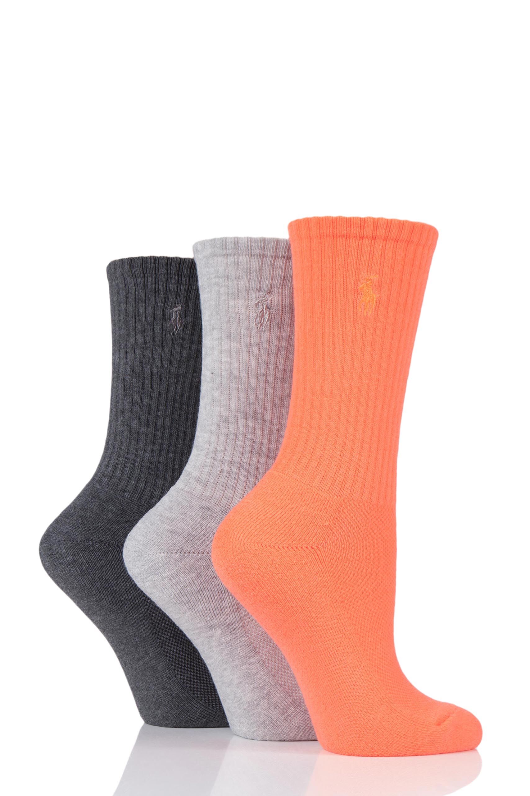 Image of 3 Pair Coral Ribbed Sports Crew Socks Ladies One Size - Ralph Lauren