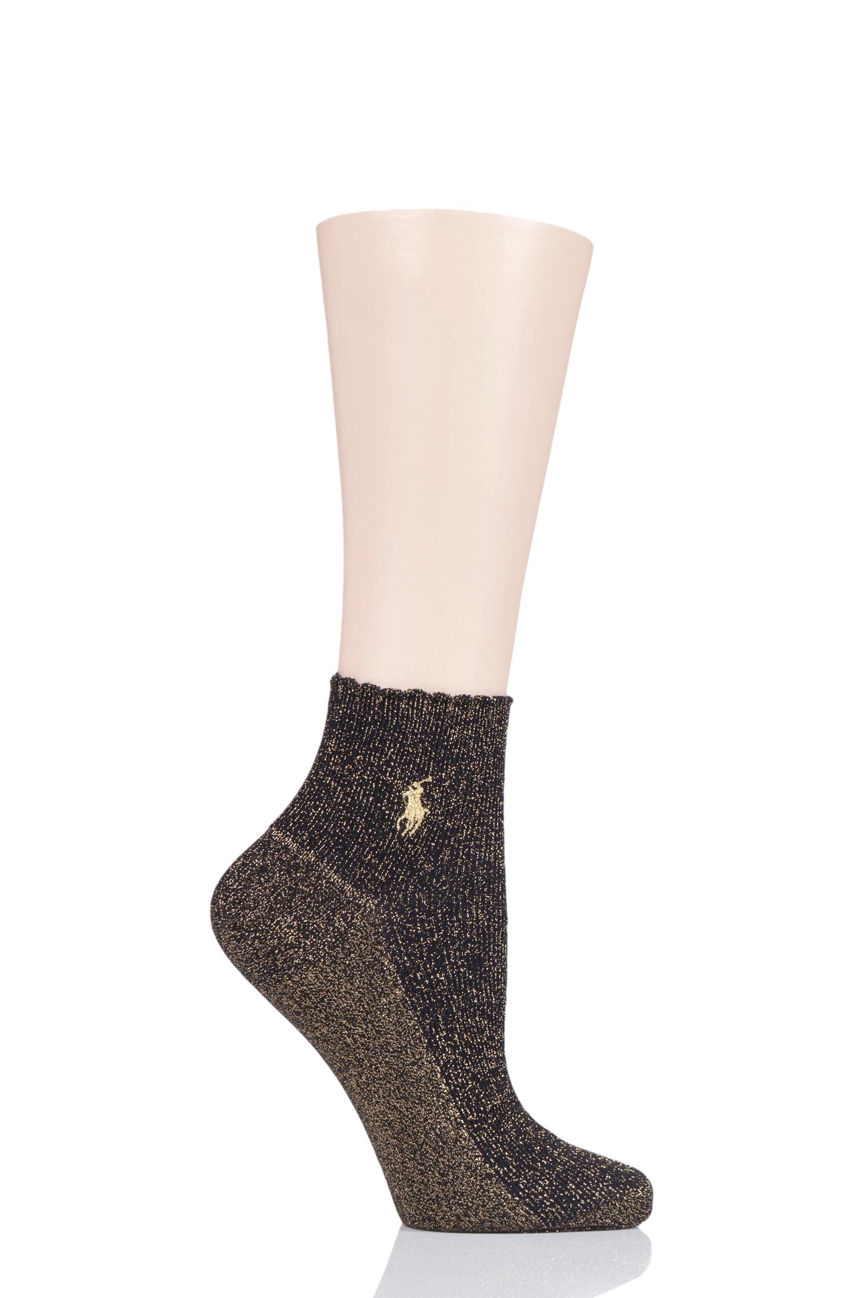 Image of 1 Pair Black Scallop Top Lurex Ankle Socks Ladies 4-7 Ladies - Ralph Lauren