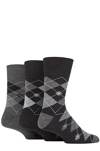 Mens 3 Pair Gentle Grip Argyle Cotton Socks