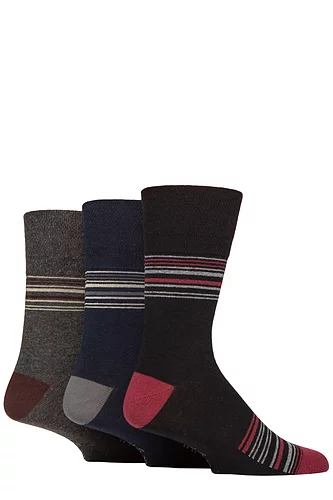 Mens 3 Pair Gentle Grip Cotton Argyle Patterned and Striped Socks