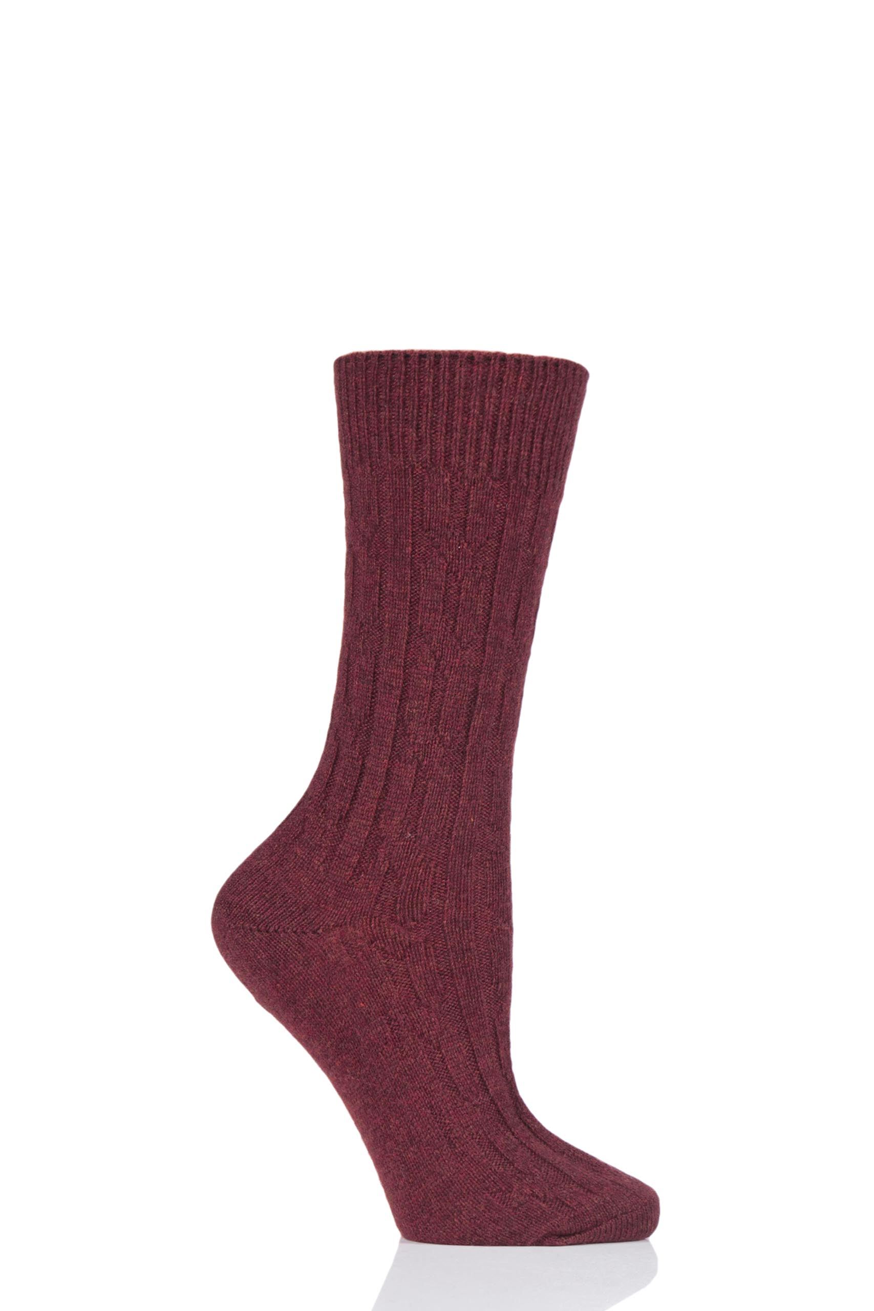 Image of 1 Pair Burgundy of London 100% Cashmere Cable Knit Bed Socks Ladies 4-7 Ladies - SOCKSHOP of London