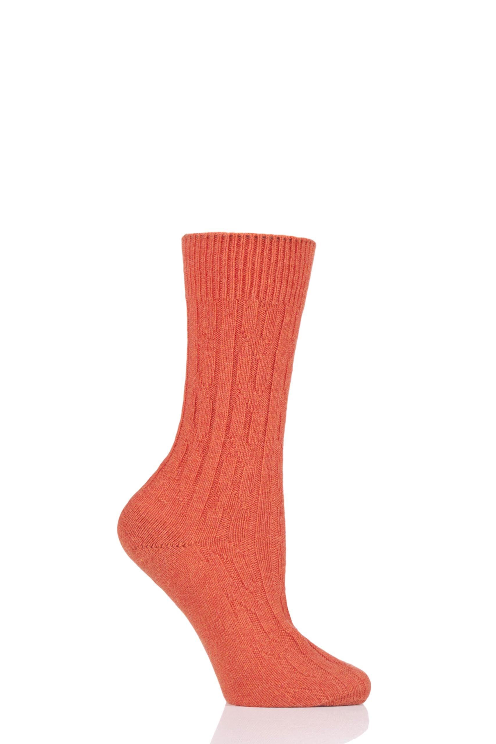 Image of 1 Pair Dusky Orange of London 100% Cashmere Cable Knit Bed Socks Ladies 4-8 Ladies - SOCKSHOP of London