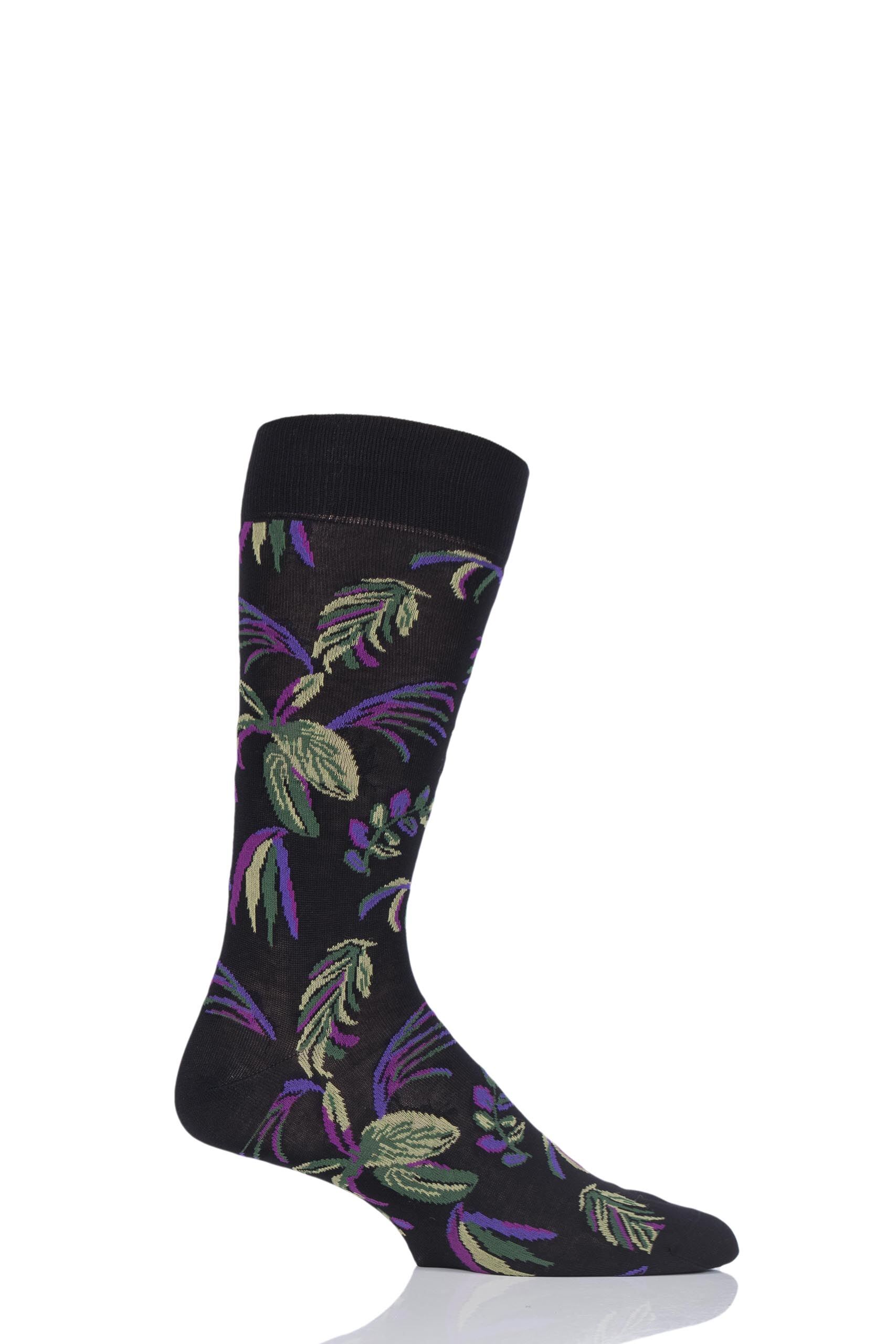 Image of 1 Pair Black Tuvalu Cotton Lisle Floral Socks Men's 7.5-9.5 Mens - Pantherella