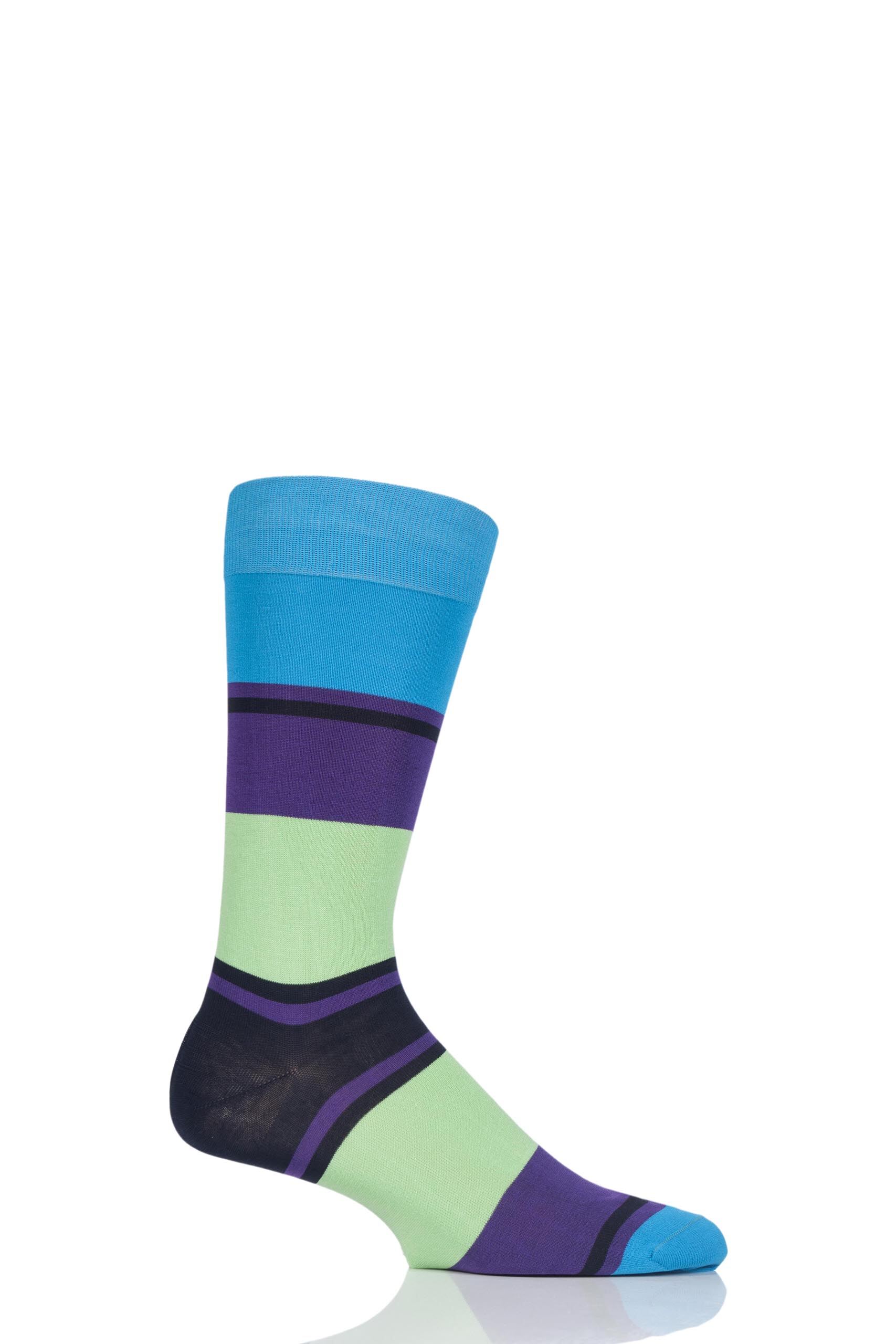 Image of 1 Pair Bright Turquoise Suva Block Stripes Cotton Lisle Socks Men's 10-12 Mens - Pantherella