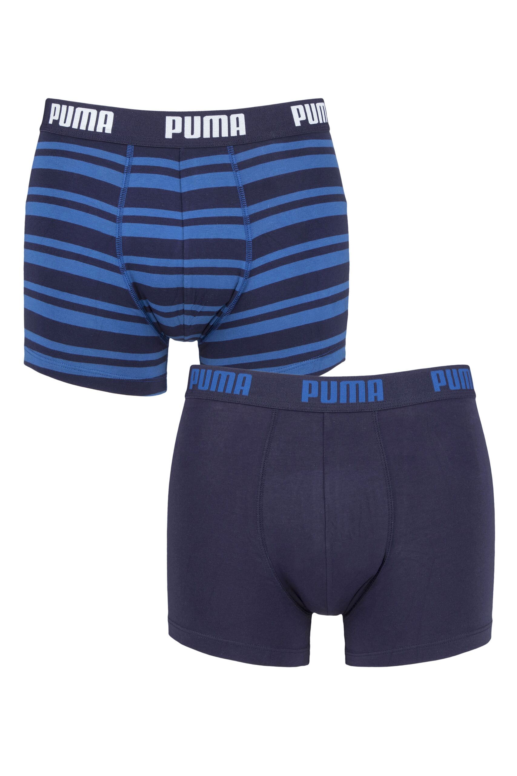 Image of 2 Pack Blue Plain and Striped Cotton Boxer Shorts Men's Extra Large - Puma