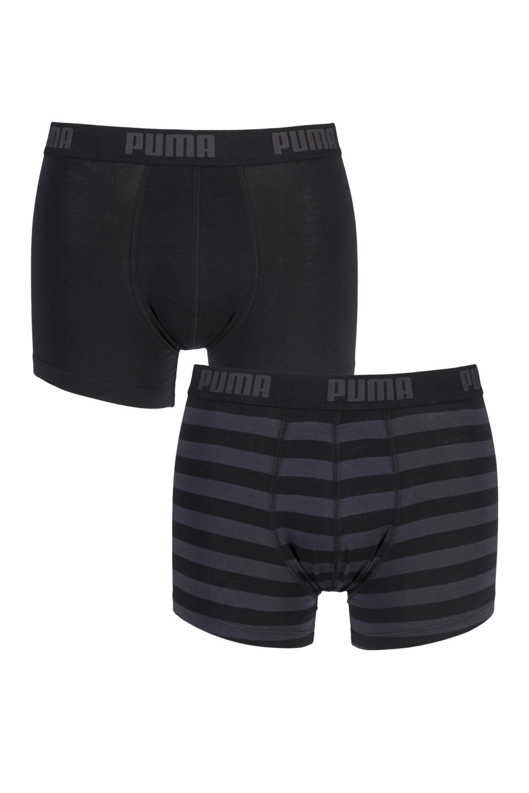 Image of 2 Pack Black Plain and Striped Cotton Boxer Shorts Men's Medium - Puma
