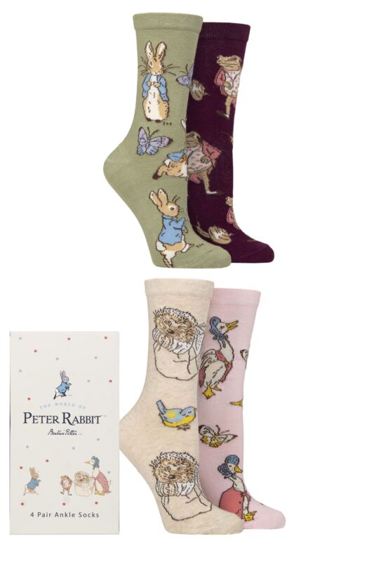 Women’s 4 Pair SOCKSHOP Beatrix Potter Peter Rabbit, Jeremy Fisher, Miss Tiggy-Winkle and Jemima Puddle-Duck Gift Boxed Socks