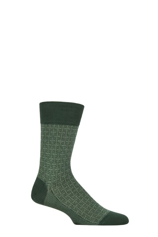 Mens 1 Pair Falke Sensitive London Cotton Patterned Left and Right Socks With Comfort Cuff Hunter Green 5.5-8 Mens