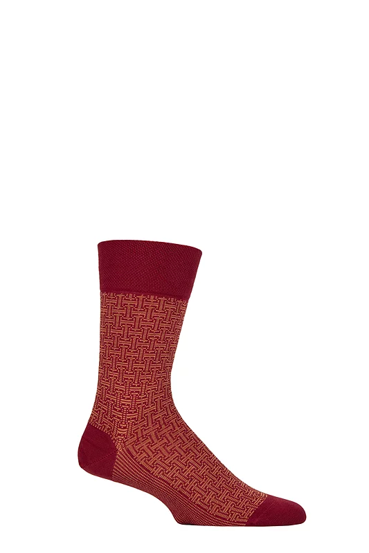 Mens 1 Pair Falke Sensitive London Cotton Patterned Left and Right Socks With Comfort Cuff Ruby 5.5-8 Mens
