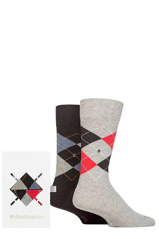 Mens 2 Pair Burlington Argyle Gift Boxed Cotton Socks Light Grey 6.5-11 Mens