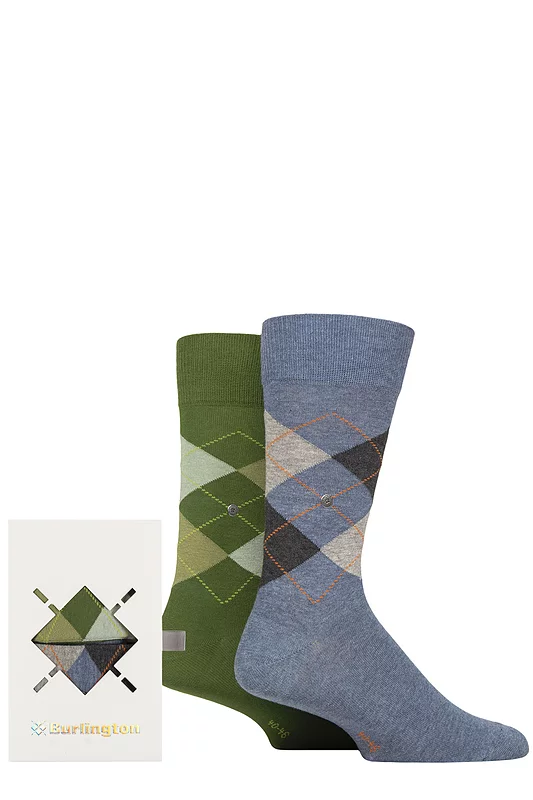 Mens 2 Pair Burlington Argyle Gift Boxed Cotton Socks Blue / Green 6.5-11 Mens