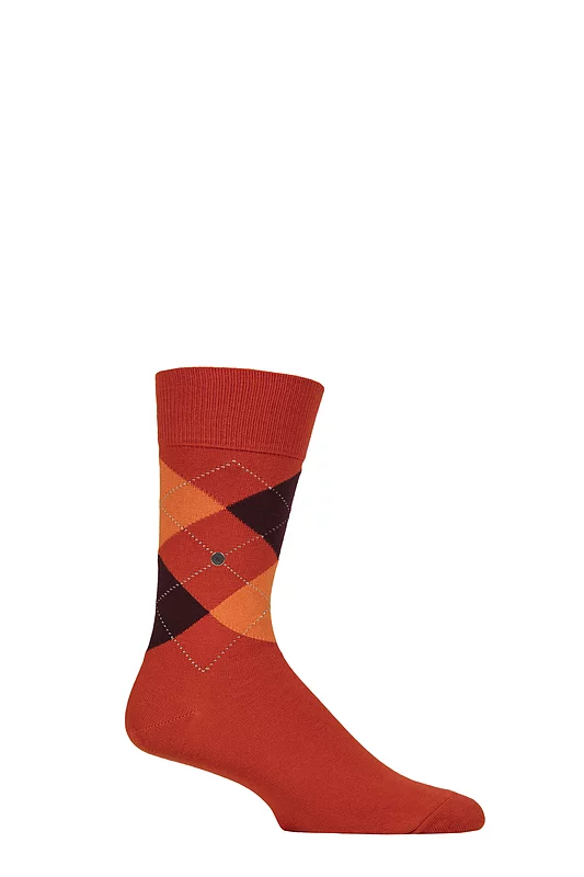 Mens 1 Pair Burlington King Argyle Cotton Socks Dark / Light Orange 6.5-11 Mens