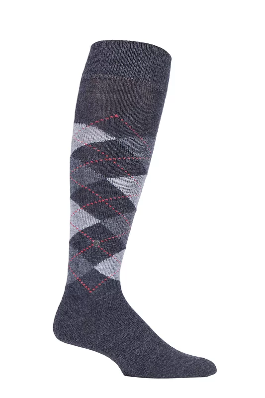 Mens 1 Pair Burlington Preston Extra Soft Argyle Knee High Socks Black / Grey 6.5-11 Mens
