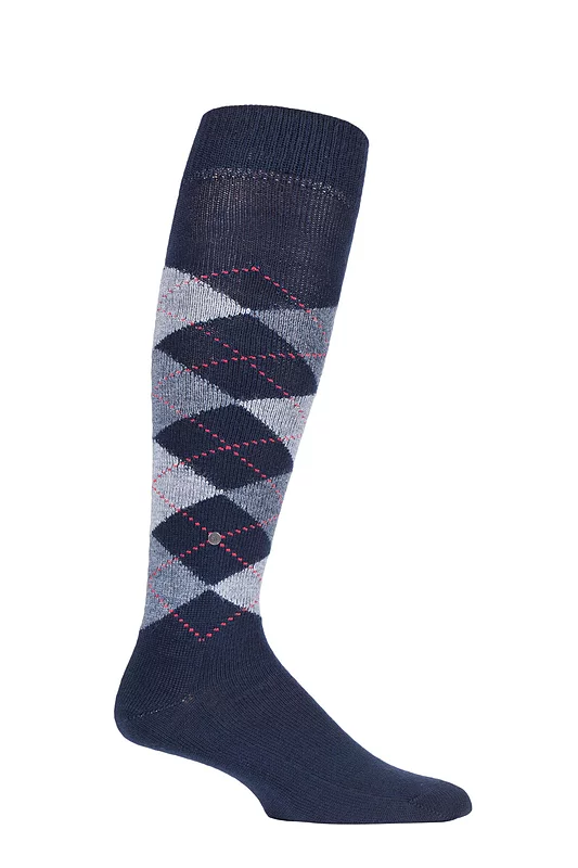 Mens 1 Pair Burlington Preston Extra Soft Argyle Knee High Socks Navy / Grey 6.5-11 Mens