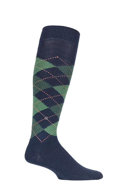 Mens 1 Pair Burlington Preston Extra Soft Argyle Knee High Socks Navy / Green 6.5-11 Mens