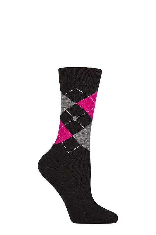 Women's 1 Pair Burlington Marylebone Argyle Wool Socks Black / Pink 3.5-7 Women's