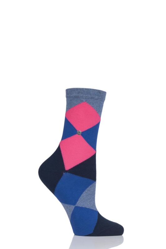 Women's 1 Pair Burlington Bonnie Cotton All Over Blend Argyle Socks Navy Neon 2.5-6.5