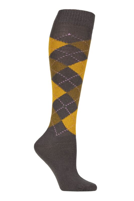 Women's 1 Pair Burlington Whitby Extra Soft Argyle Knee High Socks Grey / Yellow 3.5-7 Women's