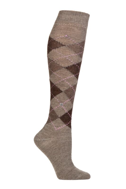 Women's 1 Pair Burlington Whitby Extra Soft Argyle Knee High Socks Light Grey 3.5-7 Ladies