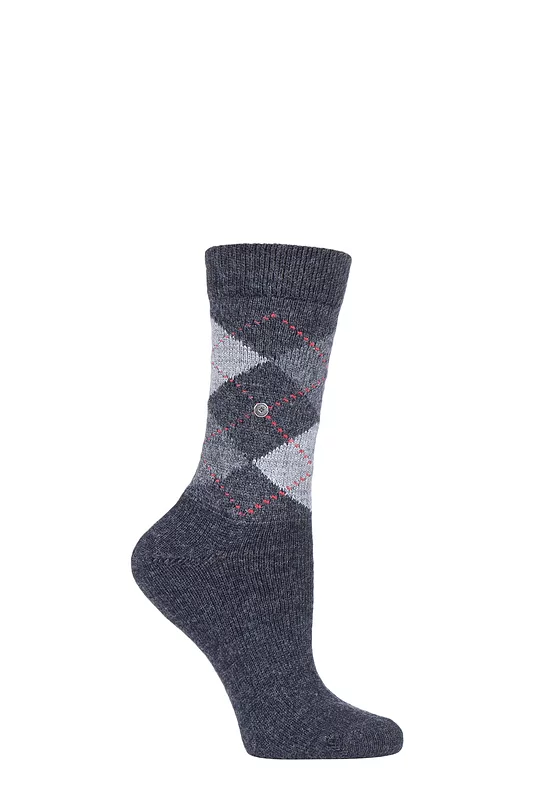 Women's 1 Pair Burlington Whitby Extra Soft Argyle Socks Black / Grey 3.5-7 Ladies