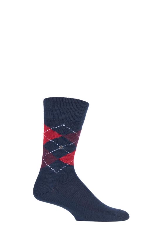 Mens 1 Pair Burlington Preston Extra Soft Feeling Argyle Socks Navy / Red 40-46