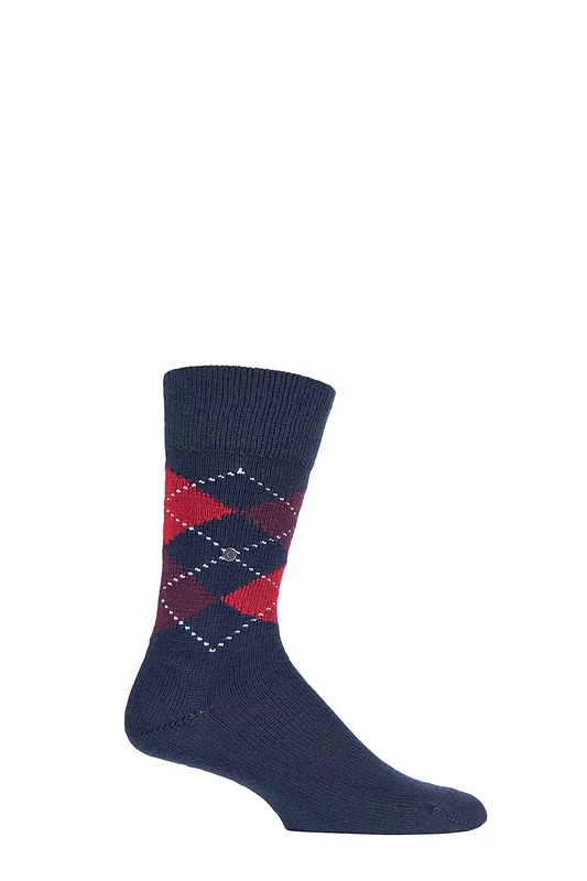 Mens 1 Pair Burlington Preston Extra Soft Feeling Argyle Socks Navy / Red 40-46