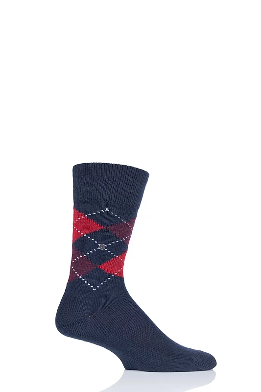Mens 1 Pair Burlington Preston Extra Soft Feeling Argyle Socks Navy / Red 11-14 Mens