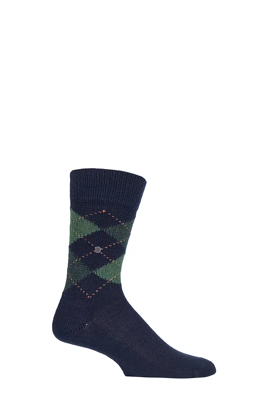 Mens 1 Pair Burlington Preston Extra Soft Feeling Argyle Socks Navy / Green 6.5-11 Mens