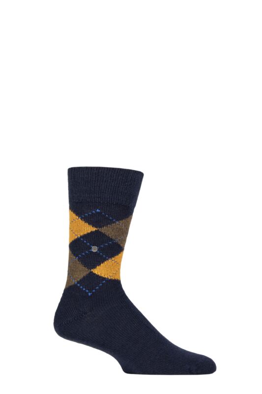 Mens 1 Pair Burlington Preston Extra Soft Feeling Argyle Socks Navy / Orange 6.5-11