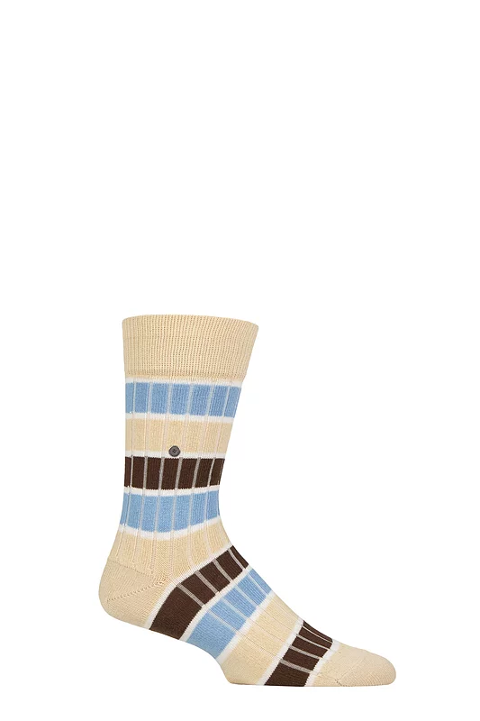 Mens 1 Pair Burlington Beaming Rugby Striped Ribbed Socks Beige 6.5-11 Mens