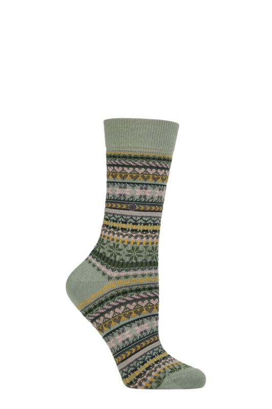 Women's 1 Pair Burlington Fair Isle Delight Wool Socks Green 3.5-7 Women's