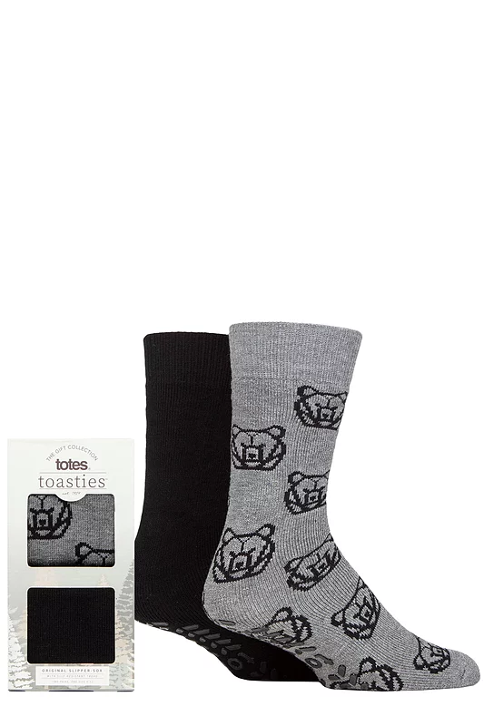 Mens 2 Pair Totes Original Plain and Patterned Slipper Socks Bear 7-12 Mens